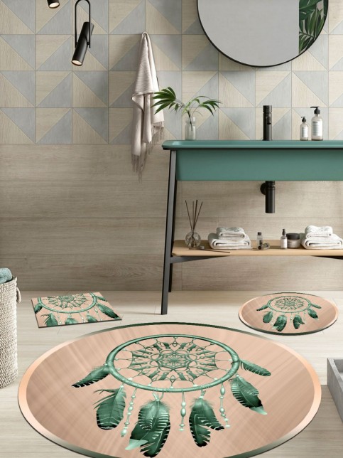 Tüy Desenli Pamuk Taban Yuvarlak Banyo Halısı (100X100-60X60-40X60 CM 3'LÜ SET)