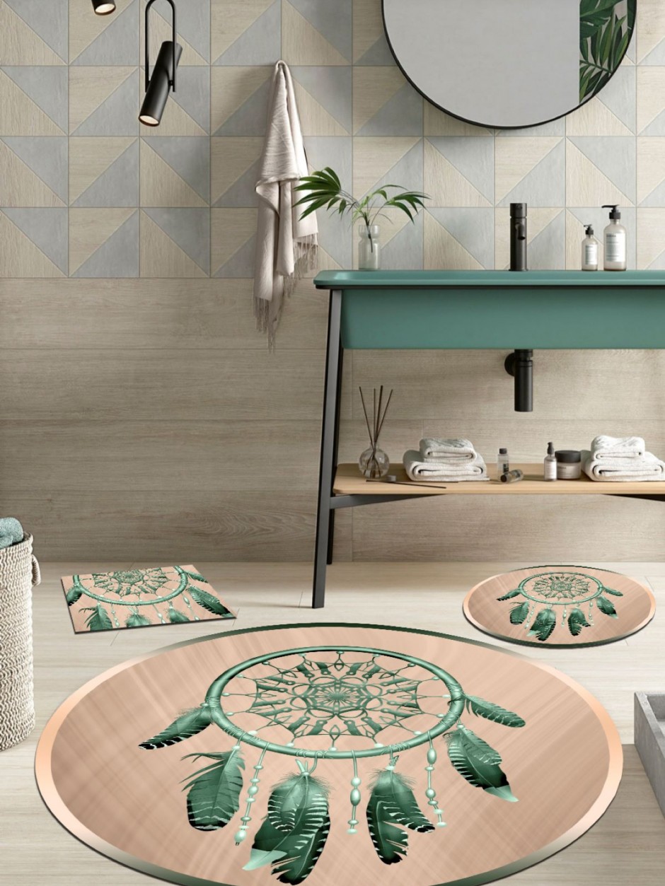 Tüy Desenli Pamuk Taban Yuvarlak Banyo Halısı (100X100-60X60-40X60 CM 3'LÜ SET)