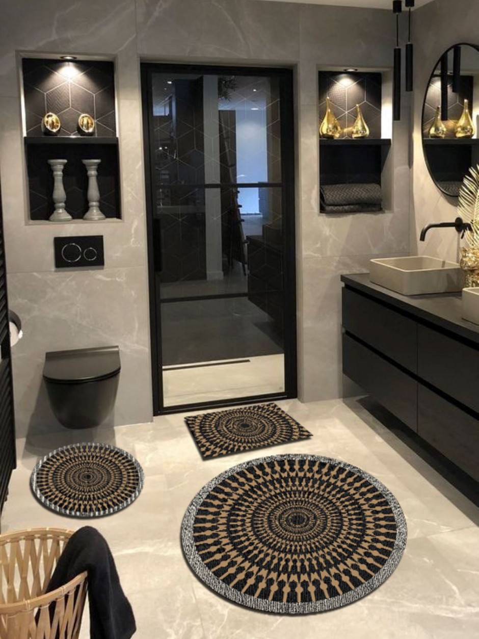 Taba, Kaymaz Taban 3'lü Yuvarlak Banyo Halısı, Banyo Paspası (100X100-60X60-40X60 CM)