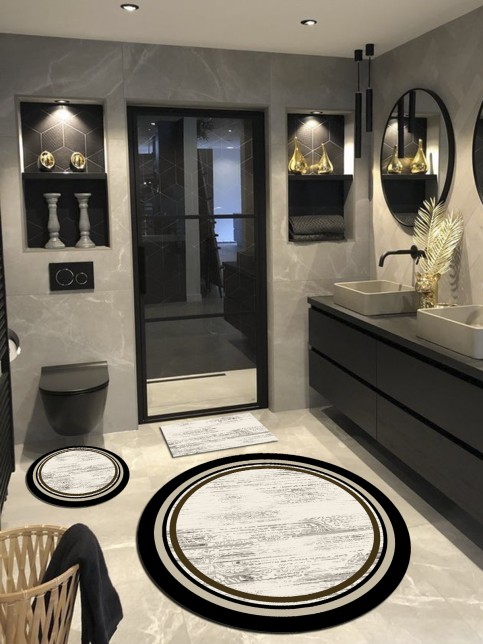 Lovely - Krem Kaymaz Taban Yuvarlak Banyo Halısı (100X100-60X60-40X60 CM 3'LÜ SET)