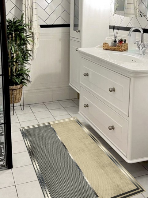 Paye (Gold-Lacivert) - Bambu, Pamuk Dokuma Taban (70x120 cm) Banyo Halısı