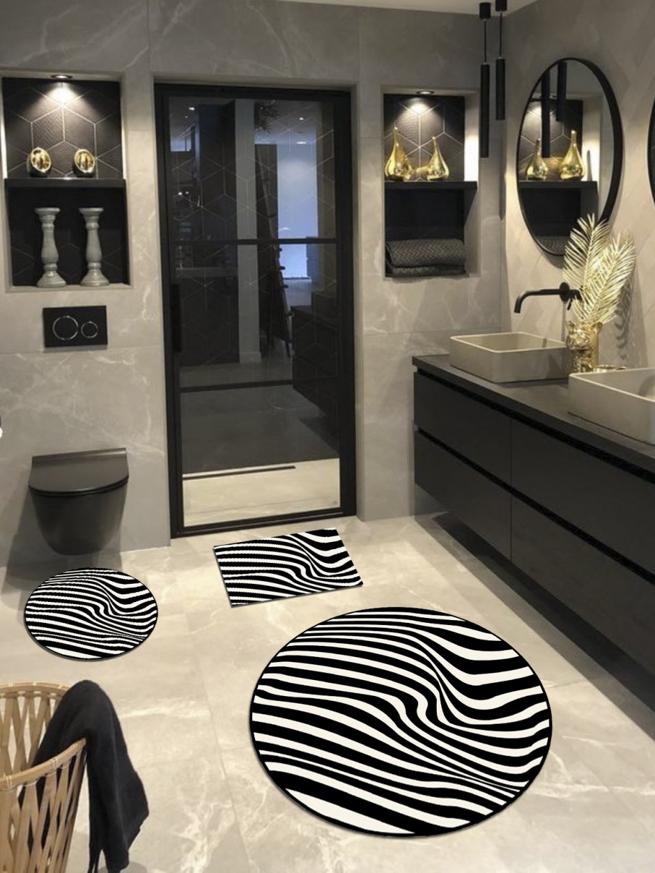 Zebra, Kaymaz Taban 3'lü Banyo Halısı Set, Banyo Paspas Takımı (100X100-60X60-40X60CM)