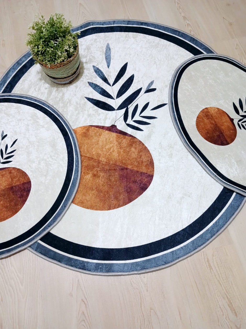 Pretoria - Kaymaz Taban Yuvarlak Banyo Halısı, Klozet Takımı(100X100-60X60-40X60 CM 3'LÜ SET)