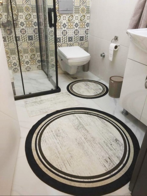 Lovely - Krem Kaymaz Taban Yuvarlak Banyo Halısı (100X100-60X60-40X60 CM 3'LÜ SET)