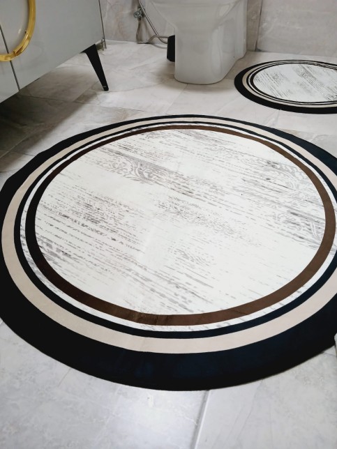 Lovely - Krem Kaymaz Taban Yuvarlak Banyo Halısı (100X100-60X60-40X60 CM 3'LÜ SET)