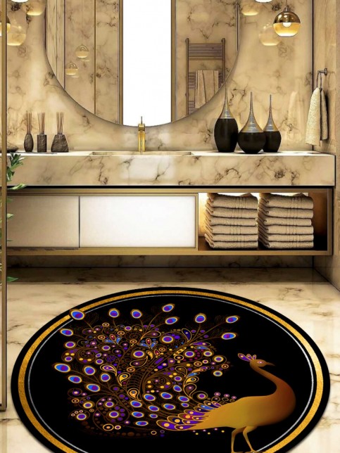 Tavus Kuşu, Kaymaz, Pamuk Taban Yuvarlak Banyo Halısı (100X100-60X60-40X60 CM 3'LÜ SET)