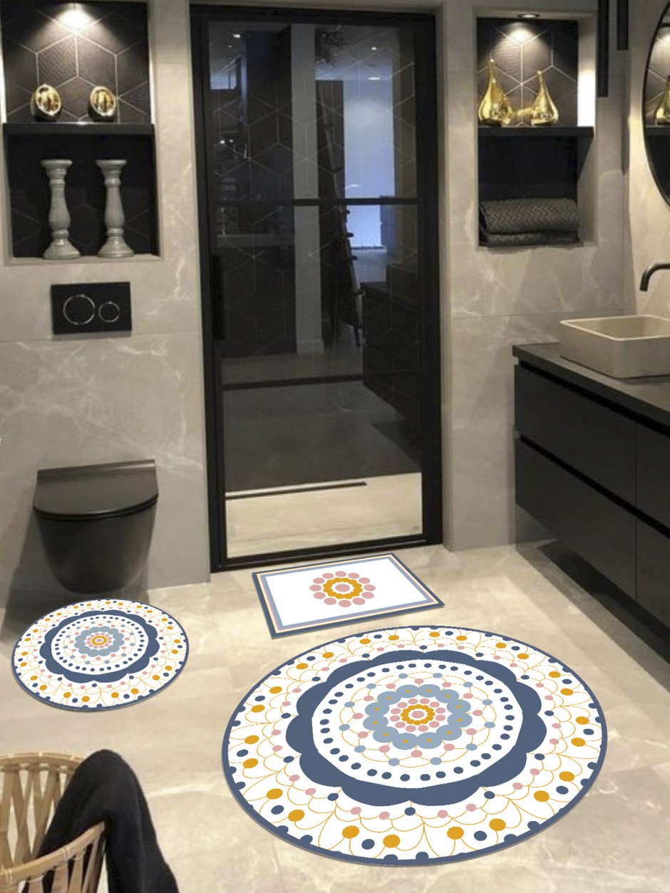 Venezia, Organik Pamuk Taban, Kaymaz, 3'lü Yuvarlak Banyo Halısı(100X100-60X60-40X60 CM)