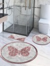 Kelebek - Kaymaz Taban 3'lü Yuvarlak Banyo Halısı, Banyo Paspası (100X100-60X60-40X60 CM 3'LÜ SET)