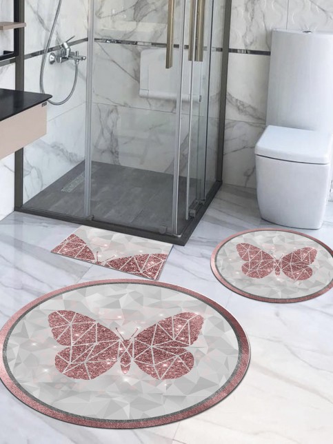 Kelebek - Kaymaz Taban 3'lü Yuvarlak Banyo Halısı, Banyo Paspası (100X100-60X60-40X60 CM 3'LÜ SET)