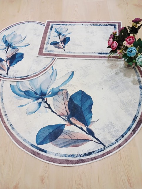 ulu Boya - Kaymaz Taban 3'lü Yuvarlak Banyo Halısı, Banyo Paspası (100X100-60X60-40X60 CM 3'LÜ SET)