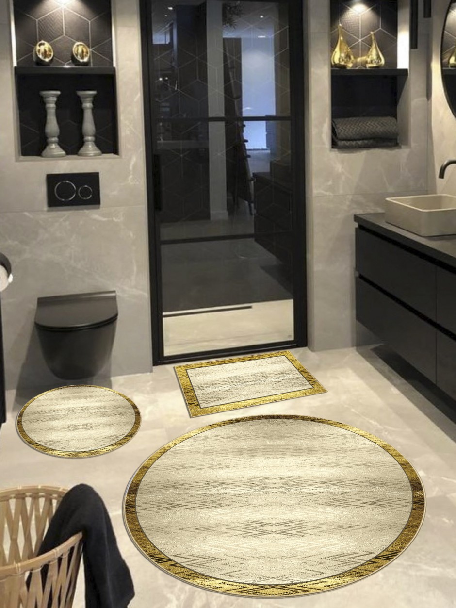 Venezia - Krem, Pamuk Dokuma Taban Yuvarlak Banyo Halısı (100X100-60X60-40X60 CM 3'LÜ SET)