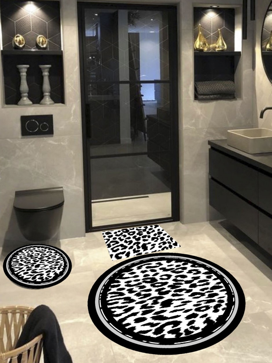 Leopar- Bambu Kumaş, Dokuma Taban Yuvarlak Banyo Halısı (100x100-60x60-40x60 Cm 3'lü Set)