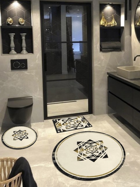  Kristal - Krem, Pamuk Dokuma Taban Yuvarlak Banyo Halısı (100X100-60X60-60X40) 3'lü Set