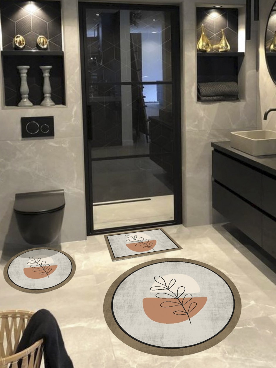 Soyut - Pamuk Dokuma Taban Yuvarlak Banyo Halısı (100X100-60X60-40X60 CM 3'LÜ SET)