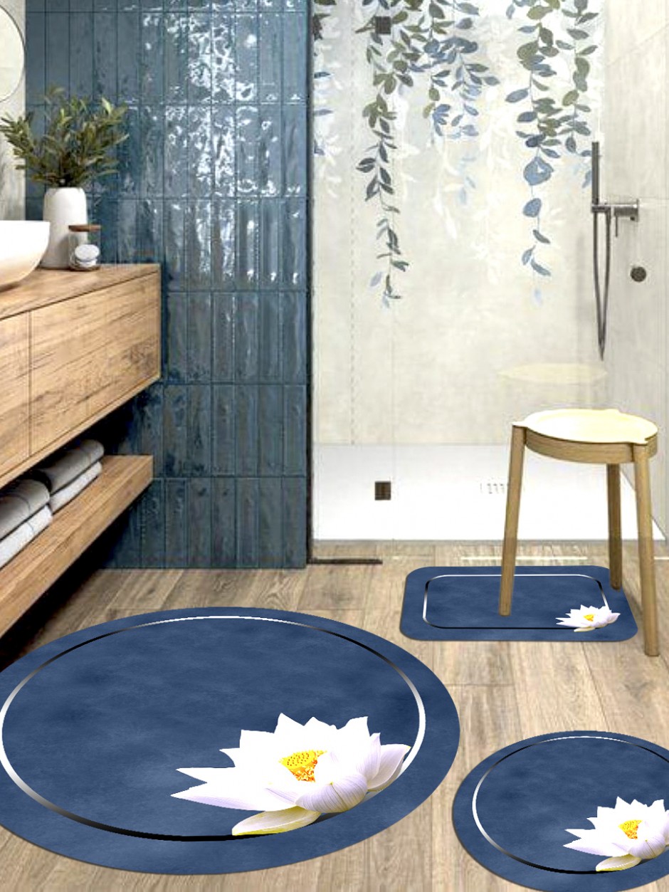 Manolya - Kaymaz, Dökülmez Taban Yuvarlak Banyo Halısı (100X100-60X60-40X60 CM 3'LÜ SET)
