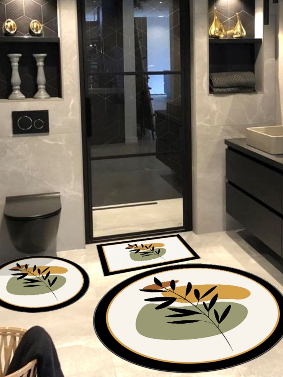 Soyut - Pamuk Dokuma Taban, Yuvarlak Banyo Halısı (100x100-60x60-40x60 Cm 3'lü Set)