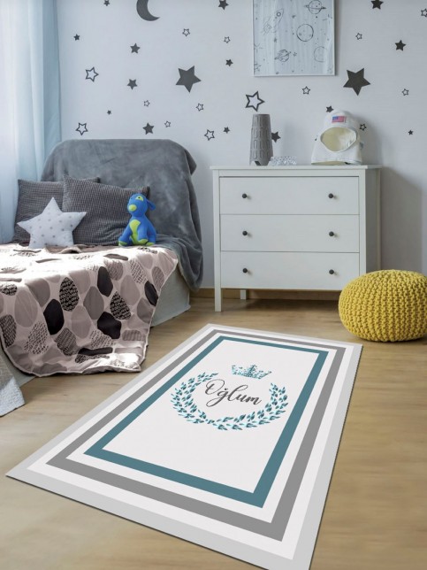 Oğlum Yazılı, Makinede Yıkanabilir, Kaymaz Tabanlı, Erkek Çocuk Odası Halısı