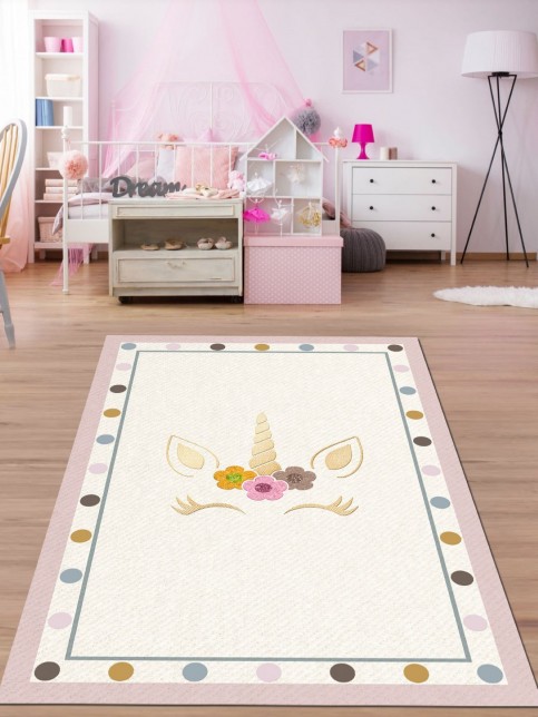 Unicorn, Makinede Yıkanabilir, Ince, Kaymaz Tabanlı, Kız Çocuk Odası Halısı