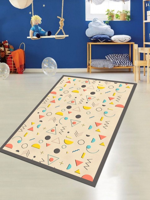 Geometrik Şekiller Makinede Yıkanabilir Ince Pamuk Dokuma Tabanlı Çocuk Odası Halısı