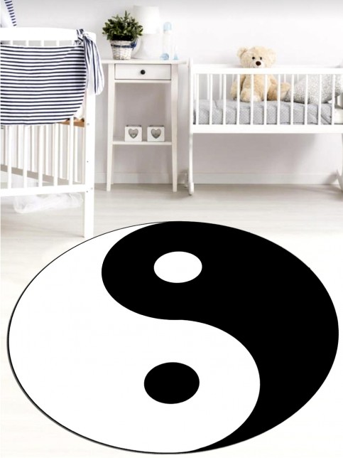 Yin - Yang, Makinede Yıkanabilir, İnce, Kaymaz Tabanlı, Yuvarlak Çocuk Odası Halısı