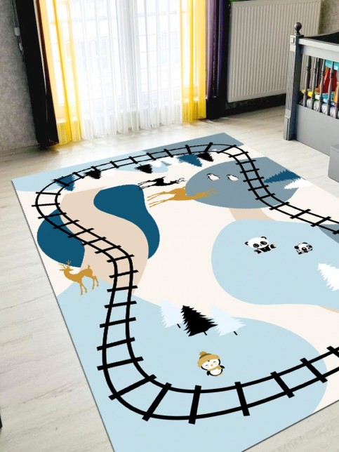 Tren Yolu Temalı, Ince, Makinede Yıkanabilir, Pamuk Dokuma Taban, Çocuk Halısı