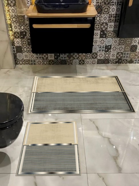 Paye (Gold-Lacivert) - Bambu, Pamuk Dokuma Taban (70x120 cm) Banyo Halısı