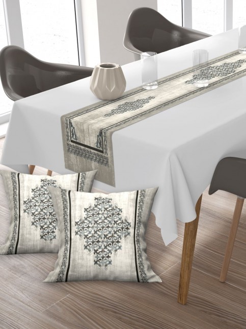 Osmanlı Pamuklu Kumaş, Balkon, Bahçe, Mutfak Runner Ve 2'li Kırlent Kılıf Set
