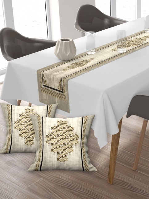 Osmanlı Pamuklu Kumaş, Balkon, Bahçe, Mutfak Runner Ve 2'li Kırlent Kılıf Set