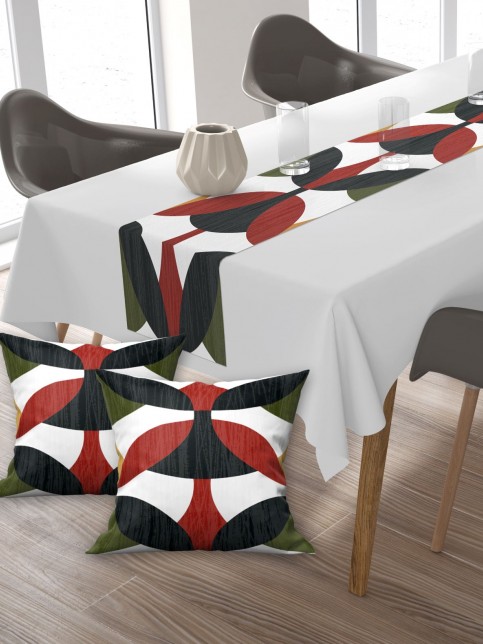 Modern (KİREMİT-HAKİ), Pamuklu Kumaş, Balkon, Bahçe, Mutfak Runner Ve 2'li Kırlent Kılıf Set