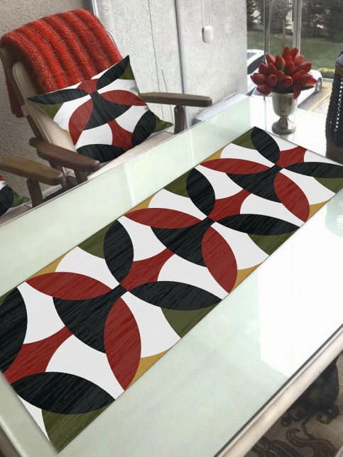 Modern (KİREMİT-HAKİ), Pamuklu Kumaş, Balkon, Bahçe, Mutfak Runner Ve 2'li Kırlent Kılıf Set