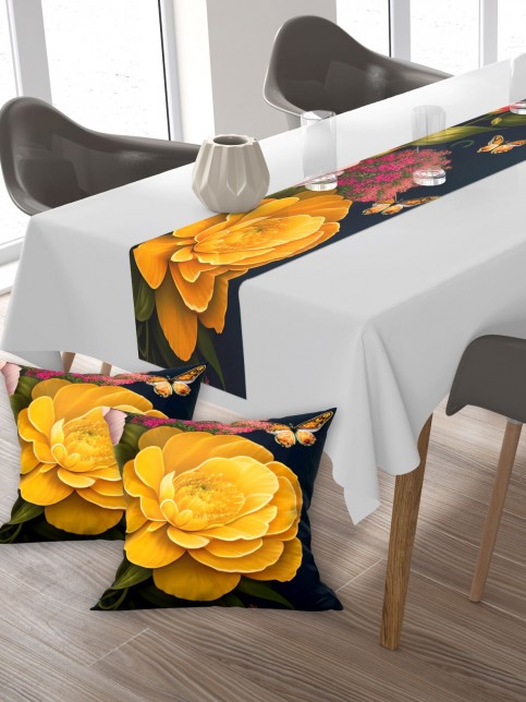 Çiçekler, Pamuklu Kumaş, Balkon, Bahçe, Mutfak Runner Ve 2'li Kırlent Kılıf Set