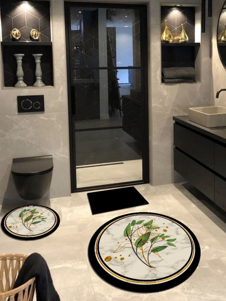 Simli Yapraklar, Kaymaz Taban 3'lü Yuvarlak Banyo Halısı(100X100-60X60-40X60 CM)