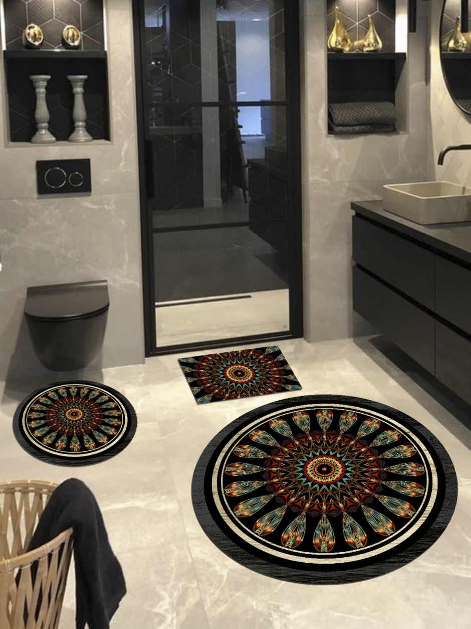 Montana, Kaymaz, Pamuk Taban Yuvarlak Banyo Halısı (100X100-60X60-40X60 CM 3'LÜ SET)