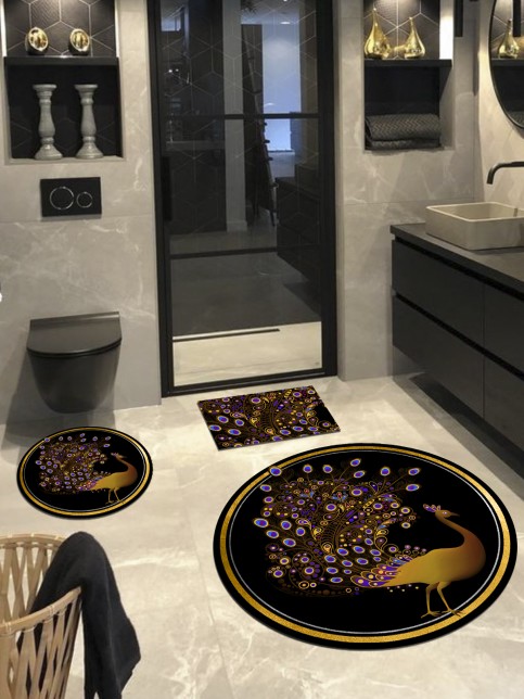 Tavus Kuşu, Kaymaz, Pamuk Taban Yuvarlak Banyo Halısı (100X100-60X60-40X60 CM 3'LÜ SET)