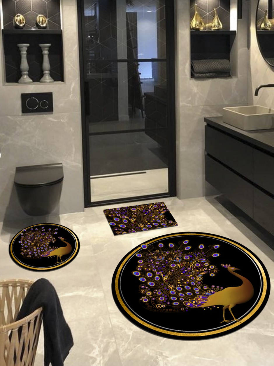 Tavus Kuşu, Kaymaz, Pamuk Taban Yuvarlak Banyo Halısı (100X100-60X60-40X60 CM 3'LÜ SET)