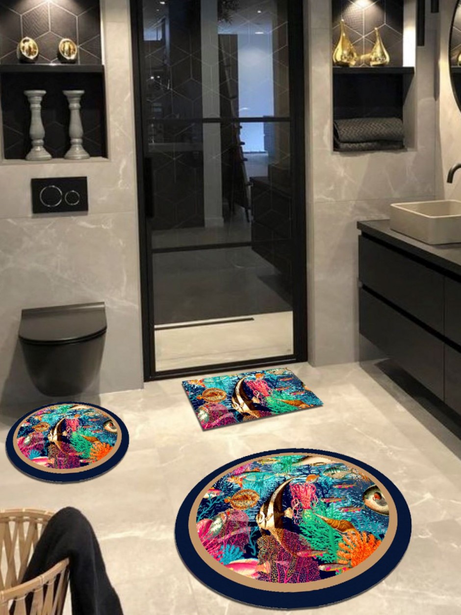 Sardinya - Organik Pamuk Taban Yuvarlak Banyo Halısı (100X100-60X60-40X60 CM 3'LÜ SET)