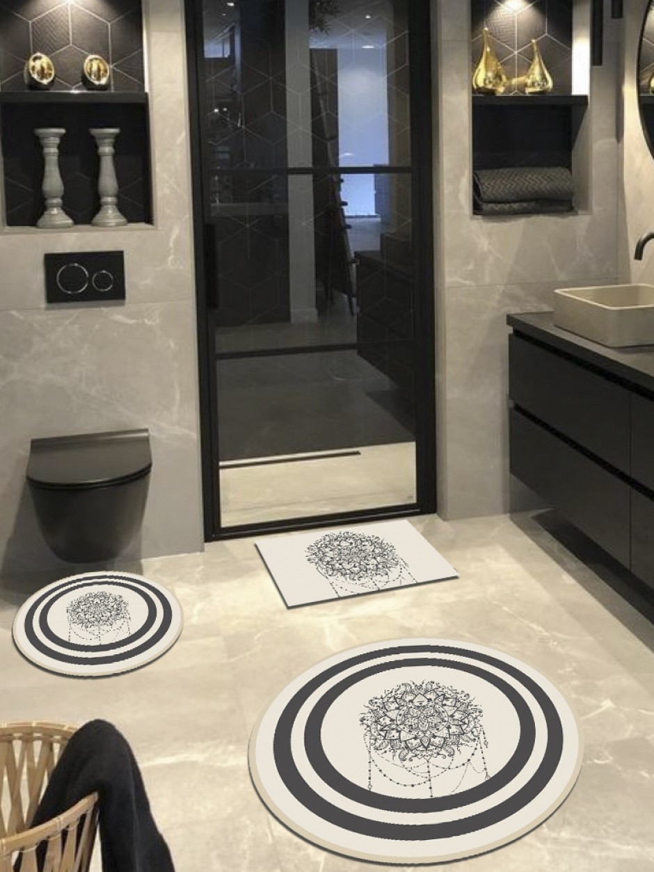 Madalyon - Pamuk Dokuma Taban, Yuvarlak Banyo Halısı (100X100-60X60-40X60 CM 3'LÜ SET)