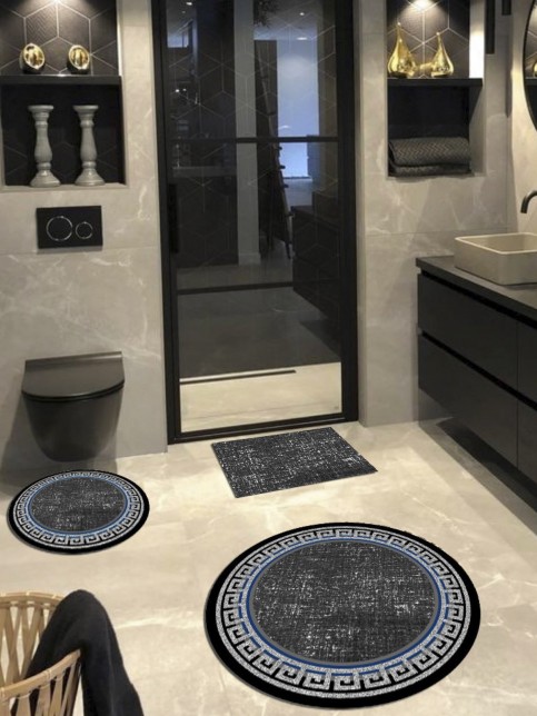 Zincir - Organik Pamuk Taban 3'lü Yuvarlak Banyo Halısı(100X100-60X60-40X60 CM)