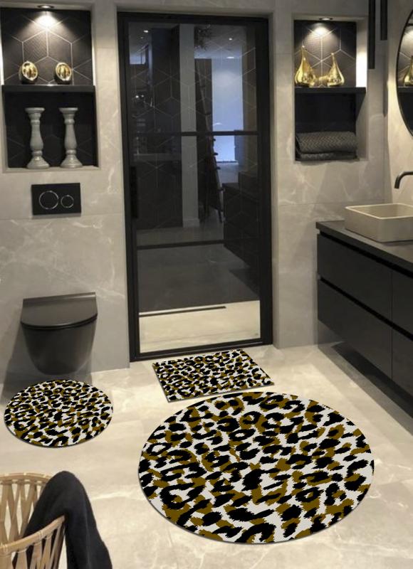 Leopar-kahve, Bambu Kumaş, Dokuma Taban Yuvarlak Banyo Halısı (100x100-60x60-40x60 Cm 3’lü Set) ARB8071