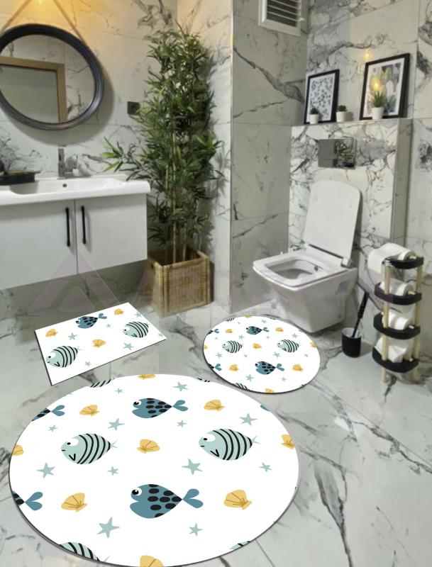 Balıklar, Pamuk Dokuma Taban Yuvarlak Banyo Halısı (100X100-60X60-40X60 CM 3’LÜ SET) ARB8084