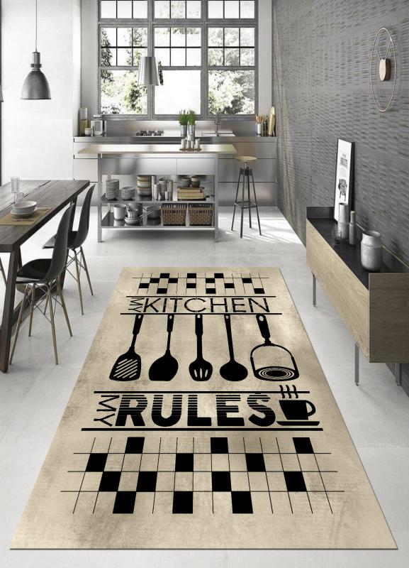 My Kitchen My Rules, Ince, Organik Pamuk Dokuma Tabanlı, Yıkanabilir Mutfak Halısı ARH9086