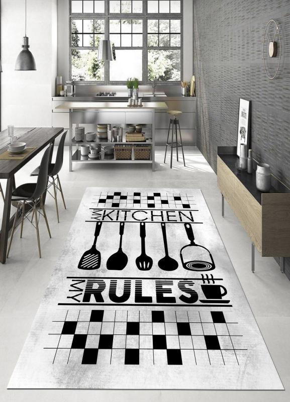 My Kitchen My Rules, Ince, Organik Pamuk Dokuma Tabanlı, Yıkanabilir Mutfak Halısı ARH9086