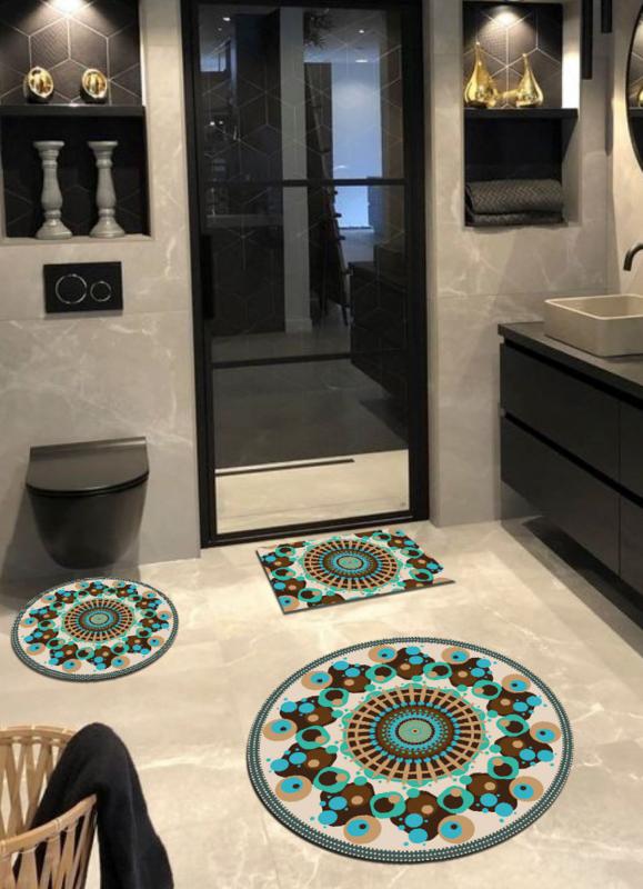 Positano - Kaymaz, Pamuk Taban Yuvarlak Banyo Halısı (100X100-60X60-40X60 CM 3’LÜ SET) ARB8056