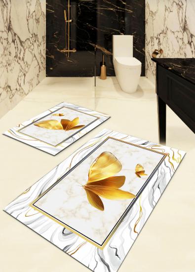 Golden Butterfly Kaymaz, Dökülmez Deri Taban 2’li Banyo Halısı (60x100-50x60)